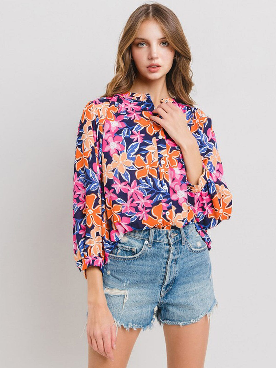 WOMEN'S 3/4 SLEEVE TUNIC FLORAL BLOUSE TOP
