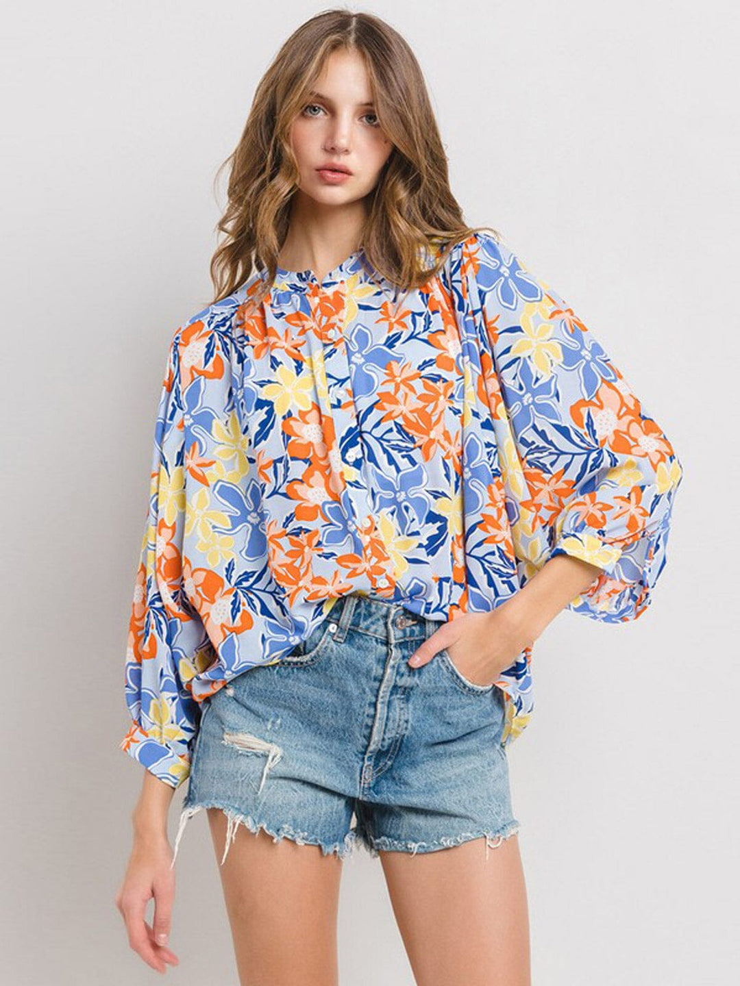 WOMEN'S 3/4 SLEEVE TUNIC FLORAL BLOUSE TOP
