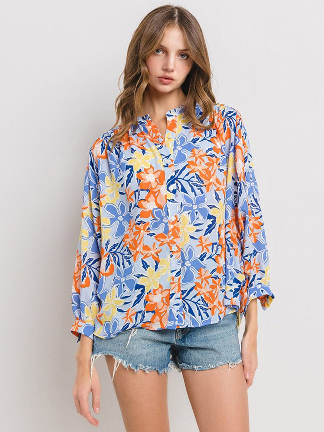 WOMEN'S 3/4 SLEEVE TUNIC FLORAL BLOUSE TOP