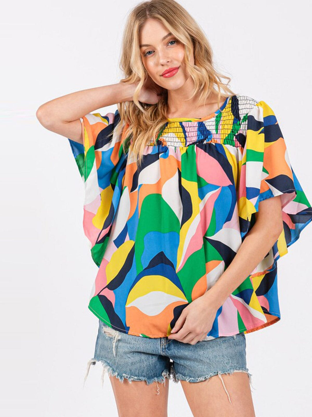 WOMEN'S SHORT RUFFLE SLEEVE MULTI PRINT BLOUSE