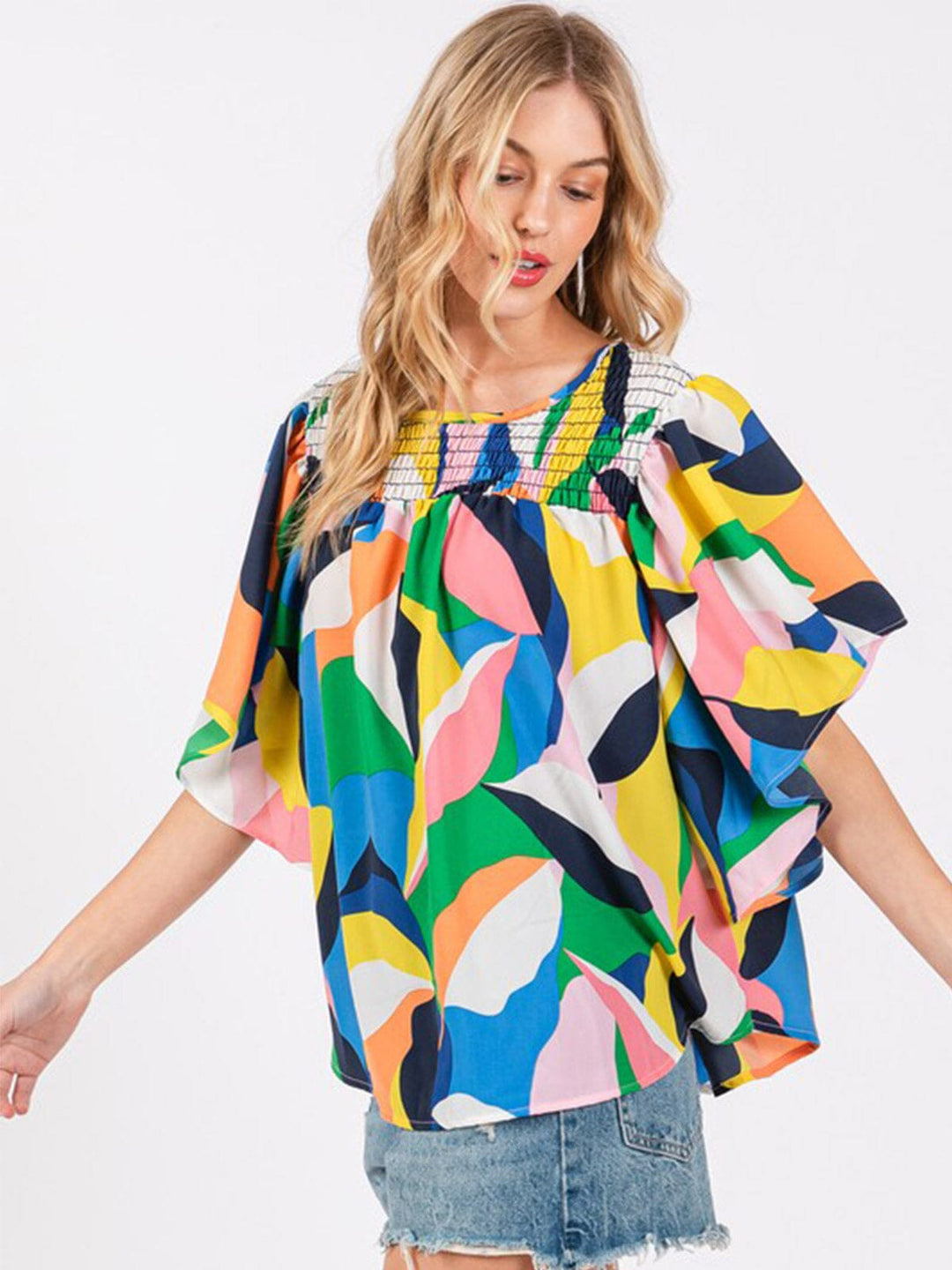 WOMEN'S SHORT RUFFLE SLEEVE MULTI PRINT BLOUSE