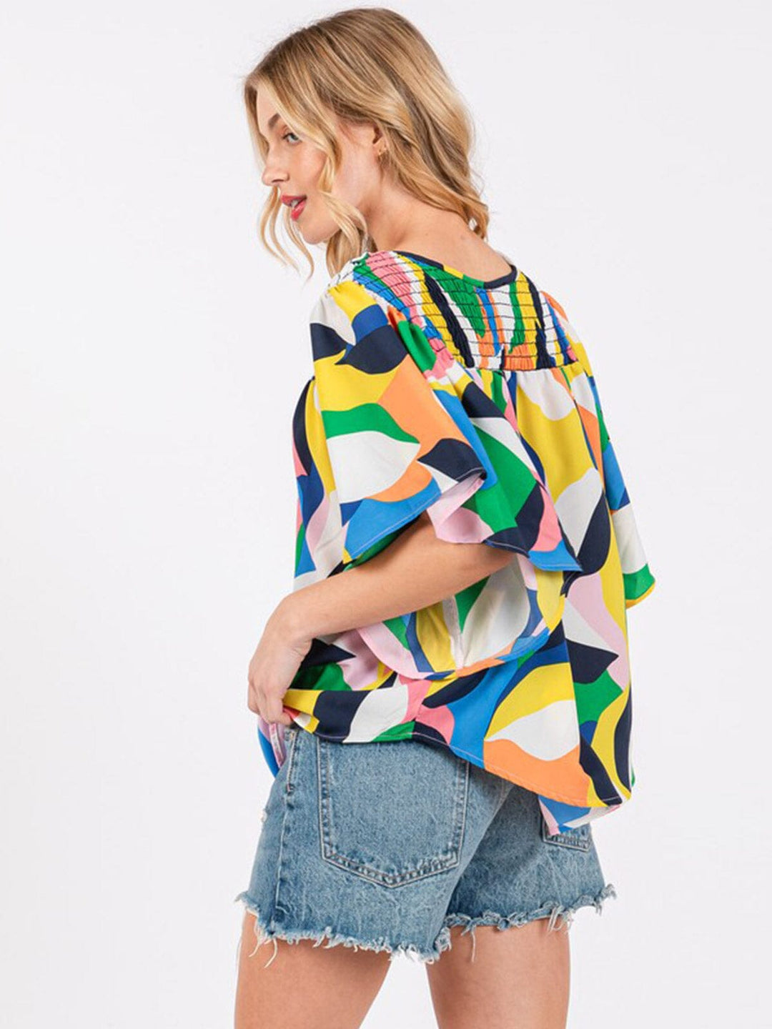 WOMEN'S SHORT RUFFLE SLEEVE MULTI PRINT BLOUSE