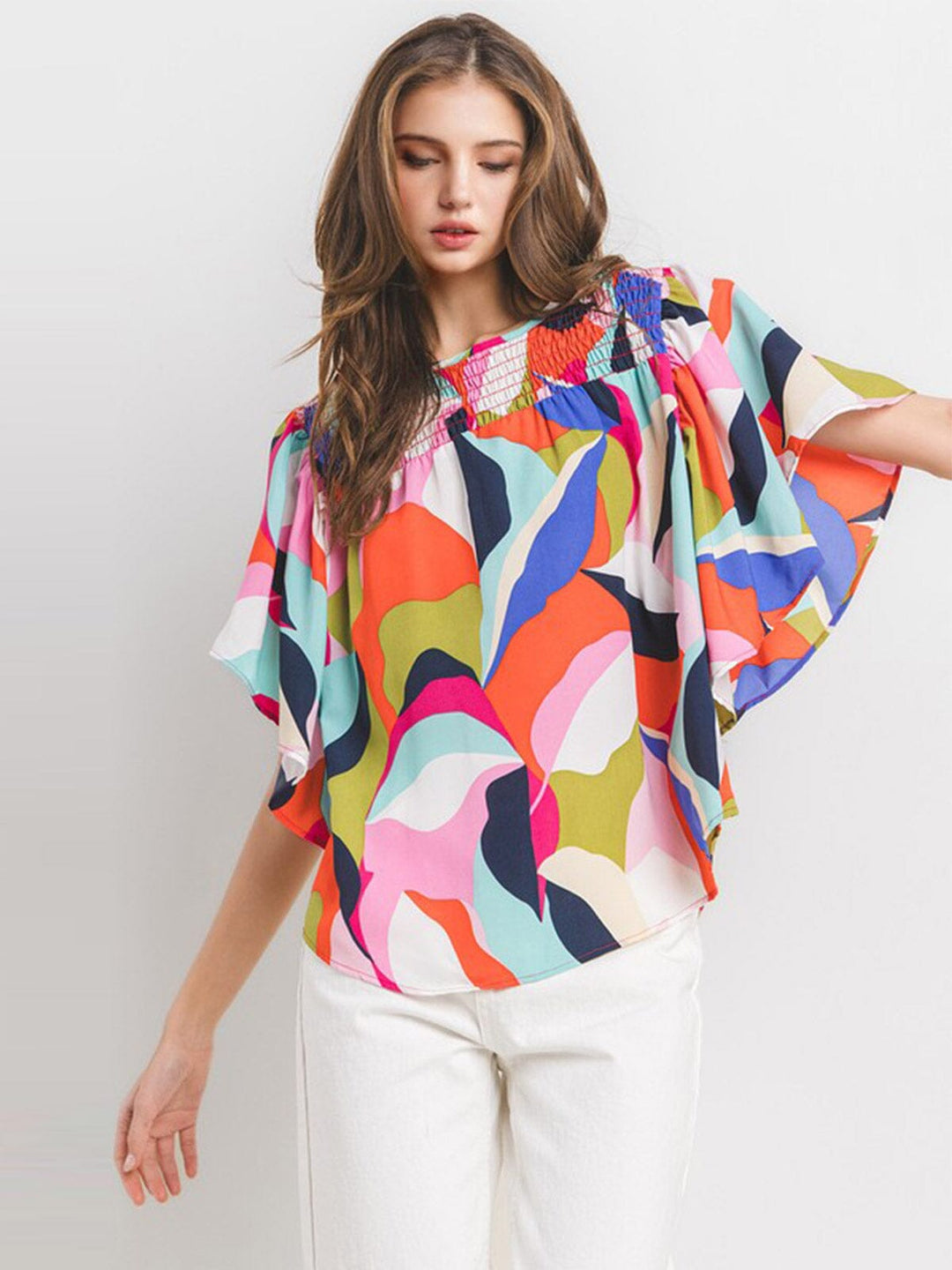 WOMEN'S SHORT RUFFLE SLEEVE MULTI PRINT BLOUSE