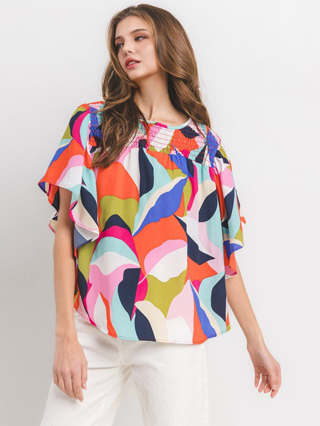 WOMEN'S SHORT RUFFLE SLEEVE MULTI PRINT BLOUSE