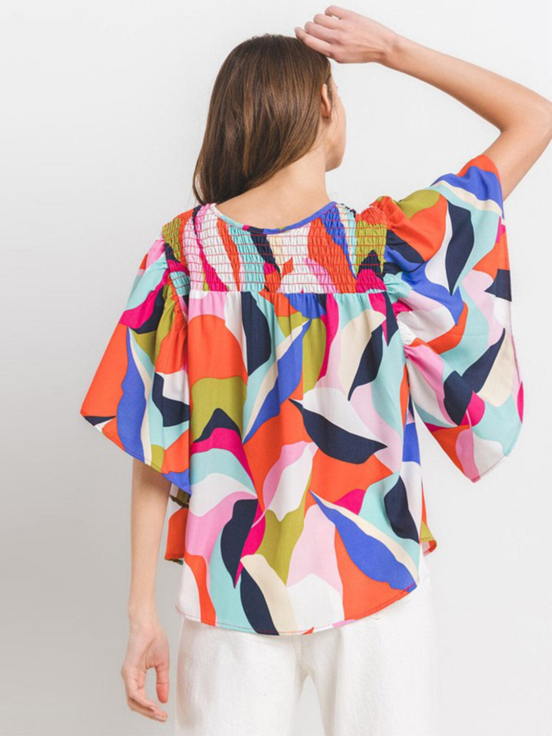 WOMEN'S SHORT RUFFLE SLEEVE MULTI PRINT BLOUSE