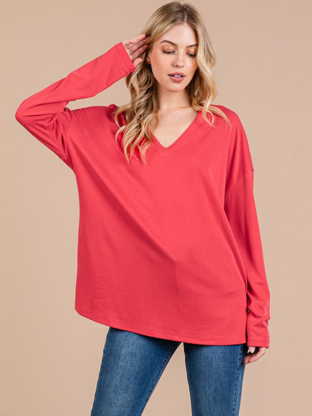 WOMEN'S LONG SLEEVE V-NECK SOLID TOP