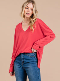 WOMEN'S LONG SLEEVE V-NECK SOLID TOP