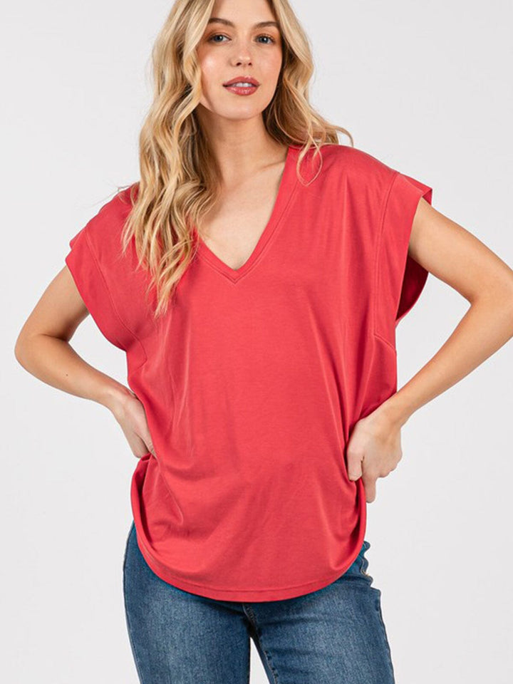 WOMEN'S SHORT SLEEVE V-NECK SOLID TOP