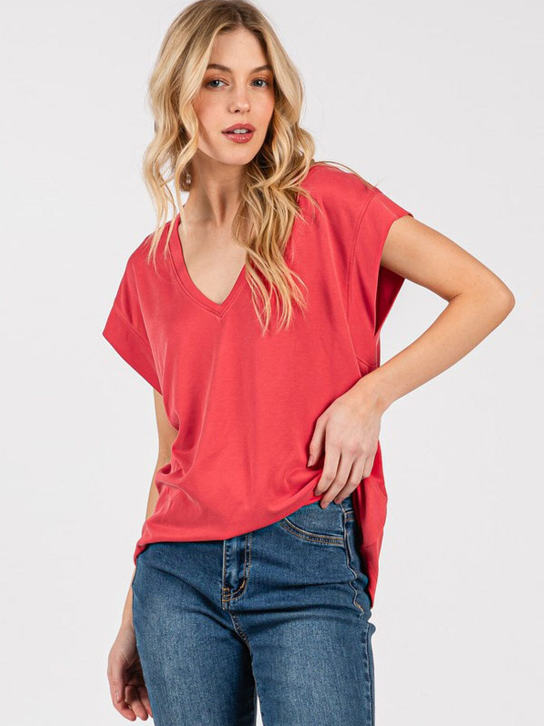 WOMEN'S SHORT SLEEVE V-NECK SOLID TOP