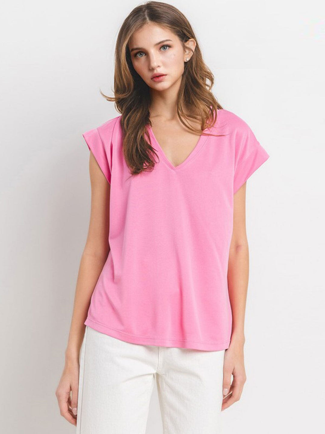 WOMEN'S SHORT SLEEVE V-NECK SOLID TOP