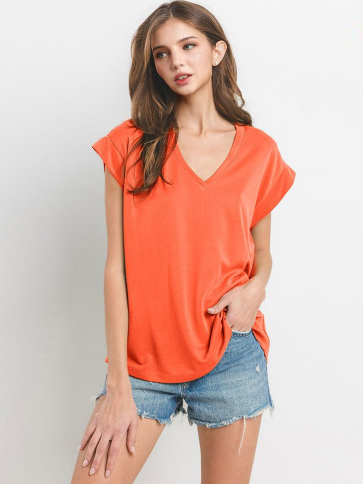WOMEN'S SHORT SLEEVE V-NECK SOLID TOP