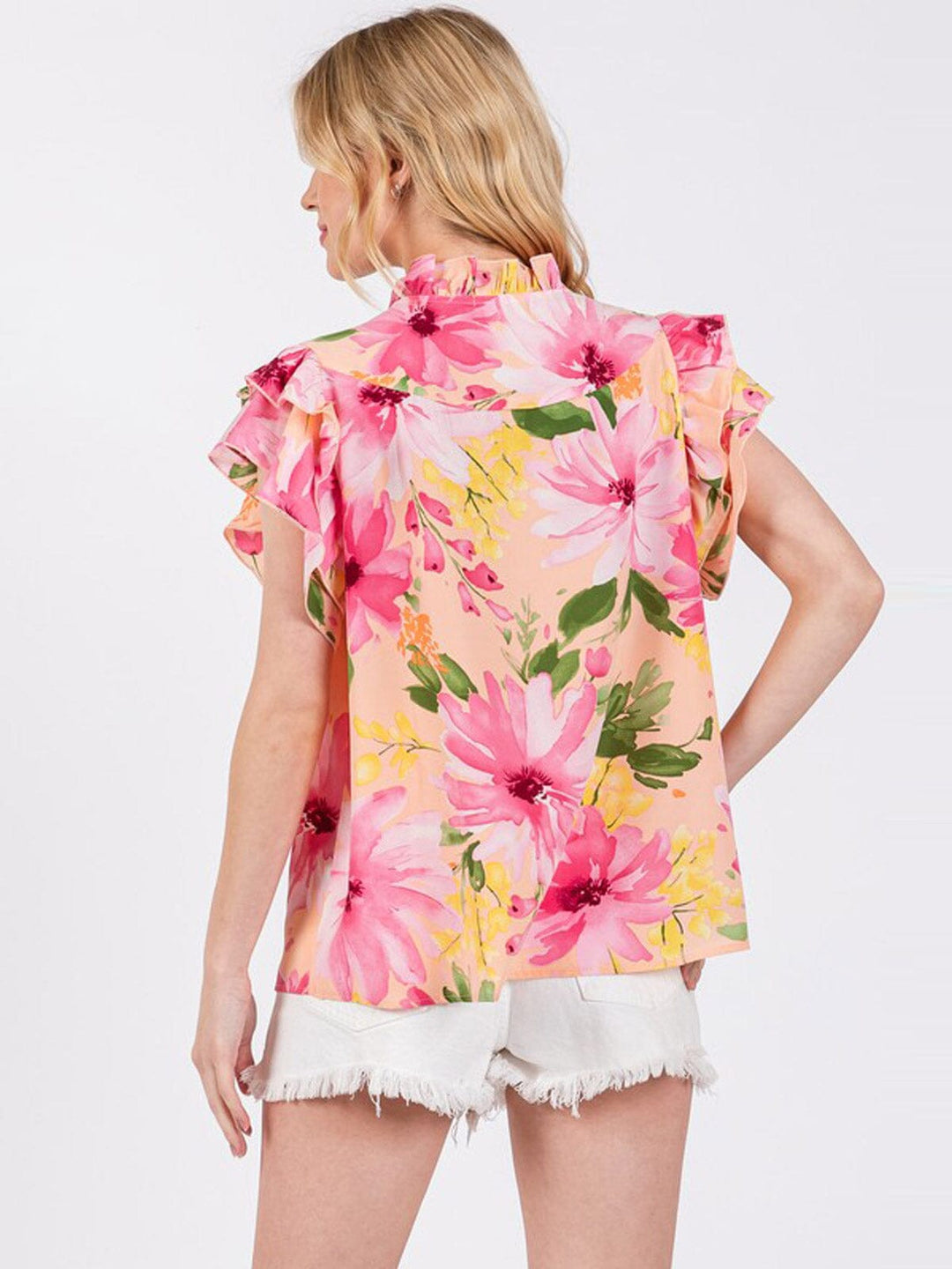 WOMEN'S SHORT RUFFLE SLEEVE V-NECK FLORAL BLOUSE