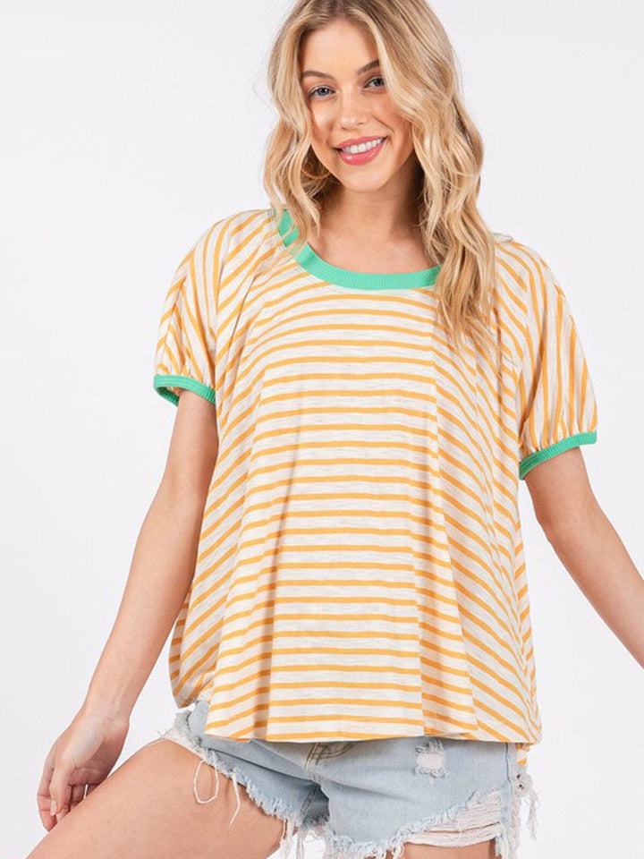 WOMEN'S SHORT SLEEVE COLORBLOCK STRIPES TUNIC TOP