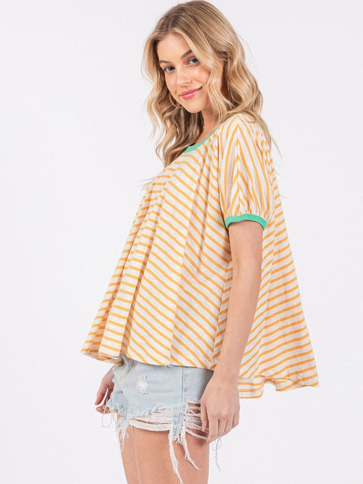 WOMEN'S SHORT SLEEVE COLORBLOCK STRIPES TUNIC TOP