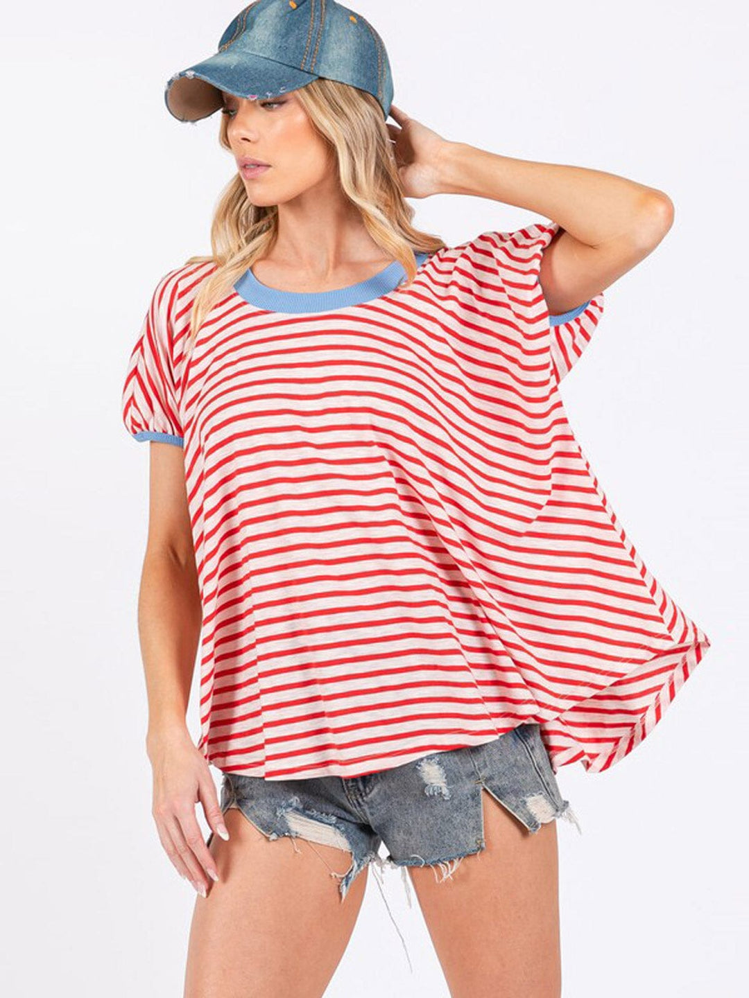 WOMEN'S SHORT SLEEVE COLORBLOCK STRIPES TUNIC TOP