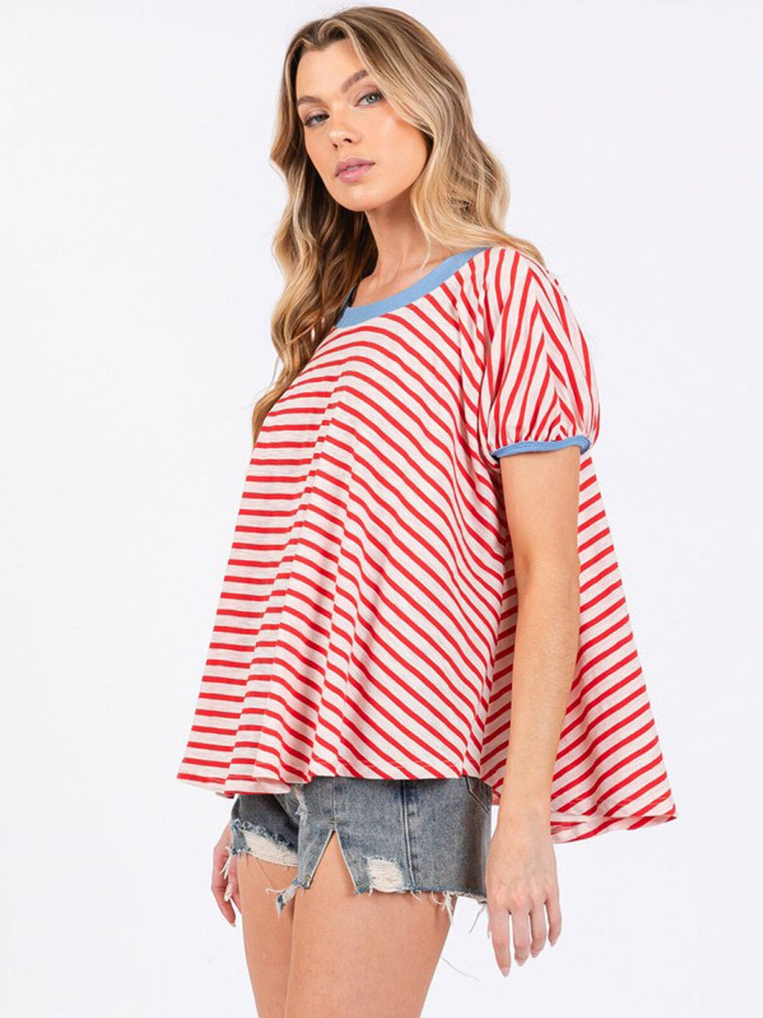 WOMEN'S SHORT SLEEVE COLORBLOCK STRIPES TUNIC TOP