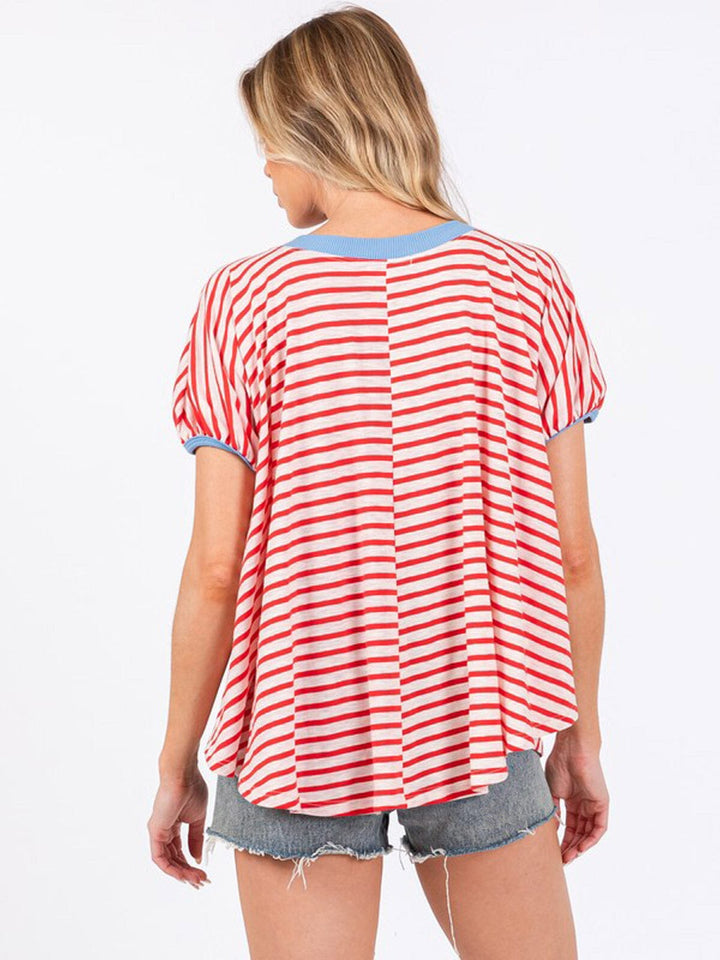 WOMEN'S SHORT SLEEVE COLORBLOCK STRIPES TUNIC TOP