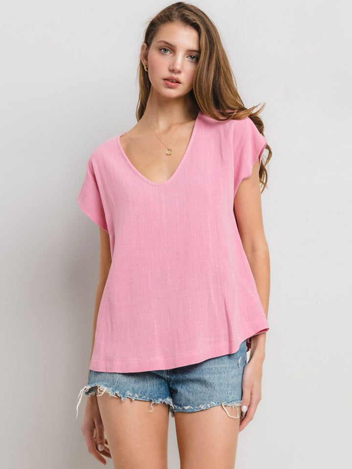 WOMEN'S SHORT SLEEVE V-NECK SOLID TUNIC TOP