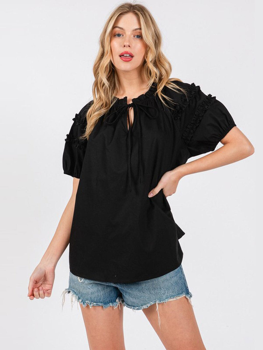 WOMEN'S SHORT RUFFLE SLEEVE TUNIC BLOUSE TOP