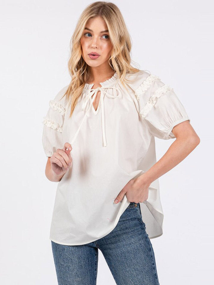 WOMEN'S SHORT RUFFLE SLEEVE TUNIC BLOUSE TOP