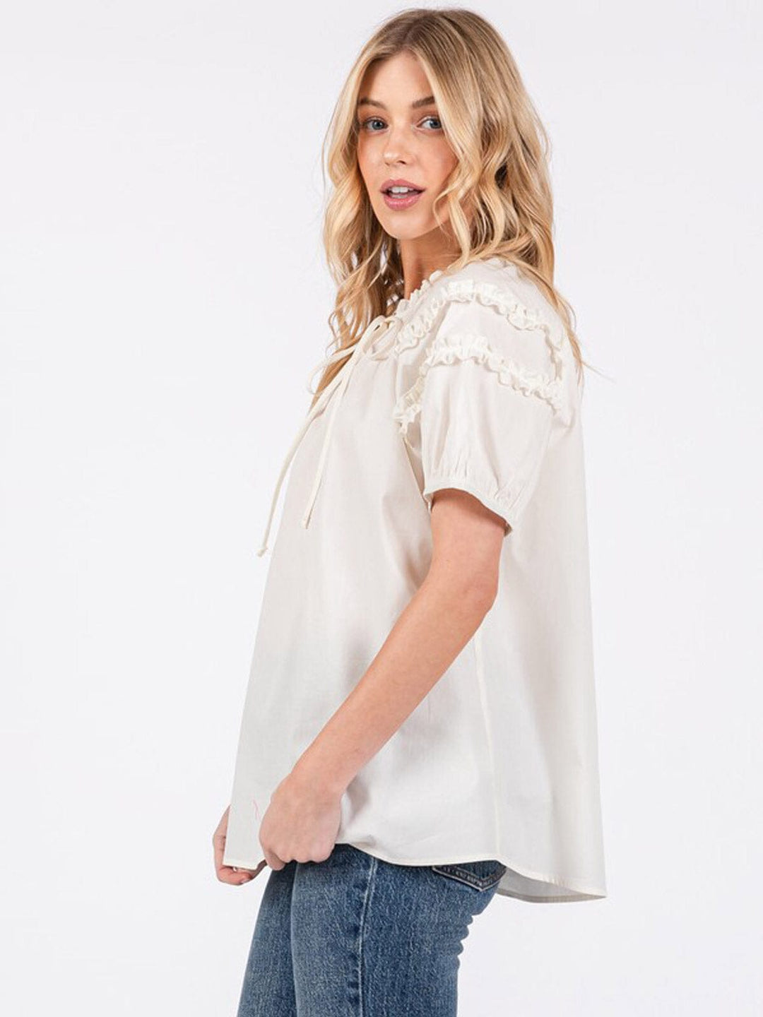 WOMEN'S SHORT RUFFLE SLEEVE TUNIC BLOUSE TOP