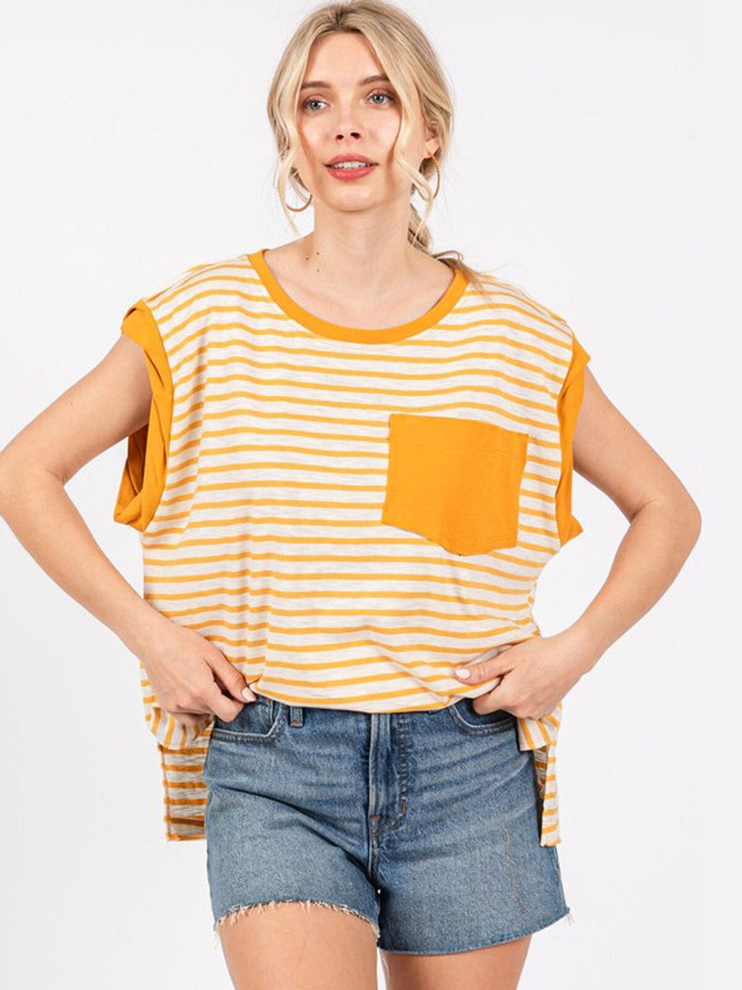 WOMEN'S SHORT SLEEVE FRONT POCKET COLORBLOCK STRIPES TOP