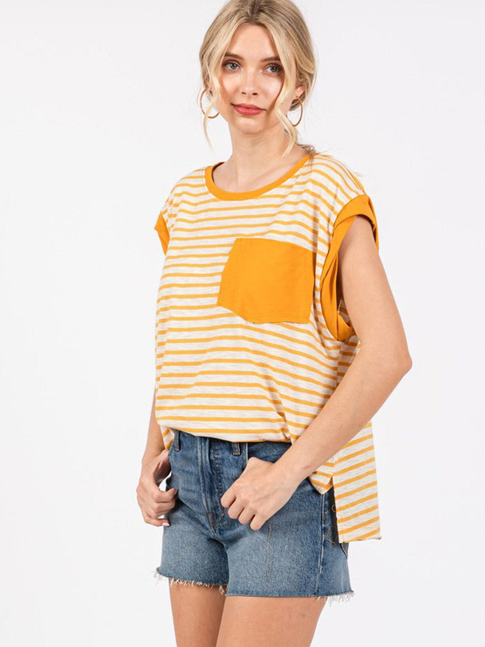 WOMEN'S SHORT SLEEVE FRONT POCKET COLORBLOCK STRIPES TOP