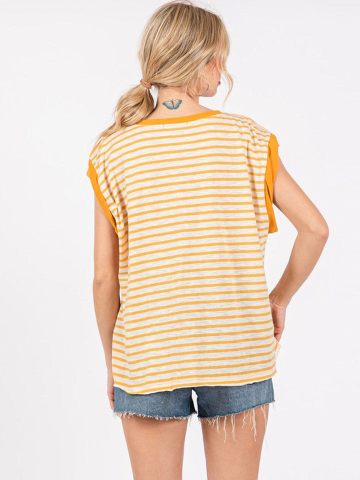 WOMEN'S SHORT SLEEVE FRONT POCKET COLORBLOCK STRIPES TOP