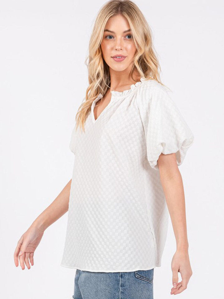 WOMEN'S SHORT SLEEVE V-NECK TUNIC DETAILED BLOUSE
