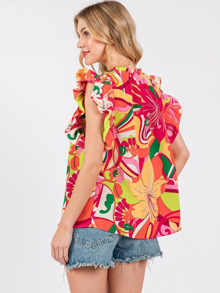 WOMEN'S SHORT RUFFLE SLEEVE FLORAL TUNIC BLOUSE TOP