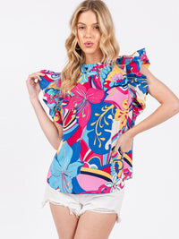 WOMEN'S SHORT RUFFLE SLEEVE FLORAL TUNIC BLOUSE TOP