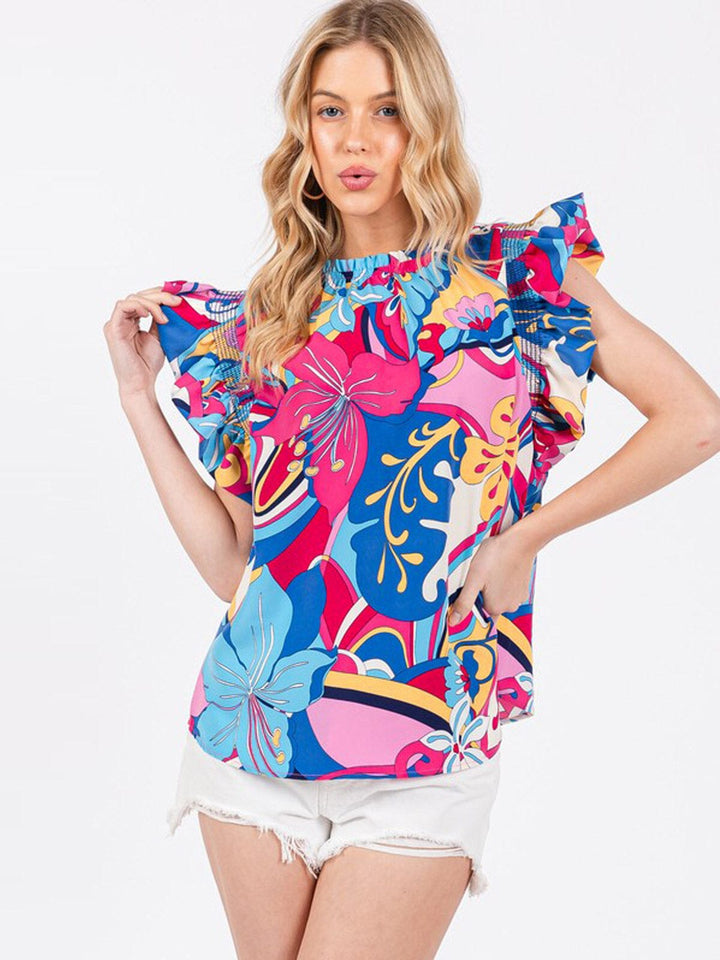 WOMEN'S SHORT RUFFLE SLEEVE FLORAL TUNIC BLOUSE TOP