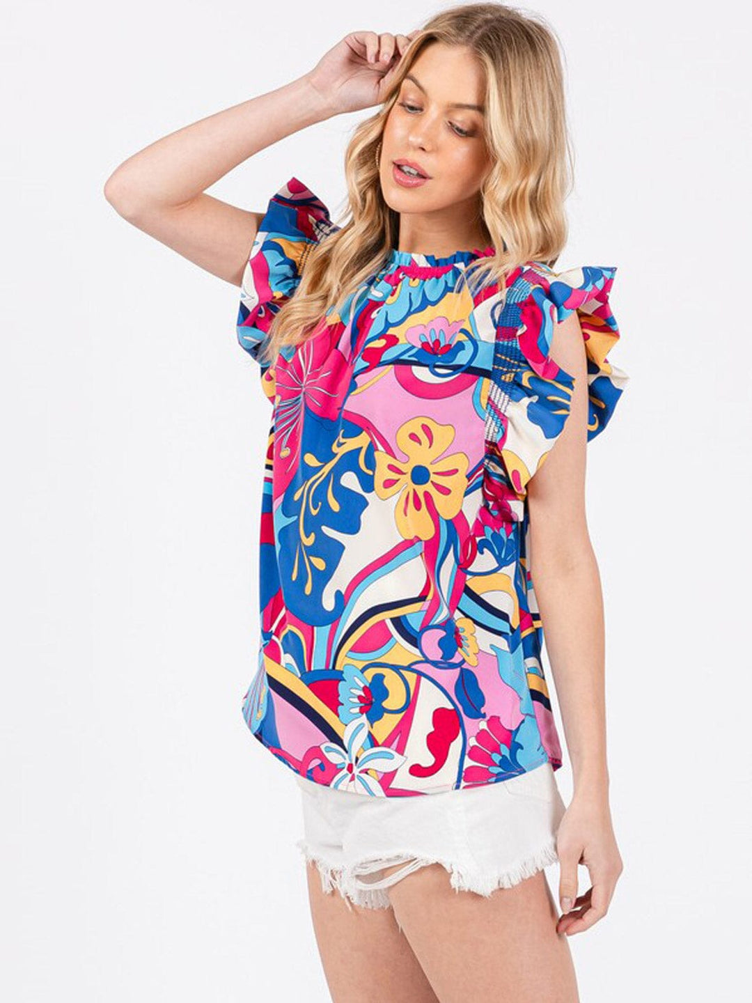 WOMEN'S SHORT RUFFLE SLEEVE FLORAL TUNIC BLOUSE TOP