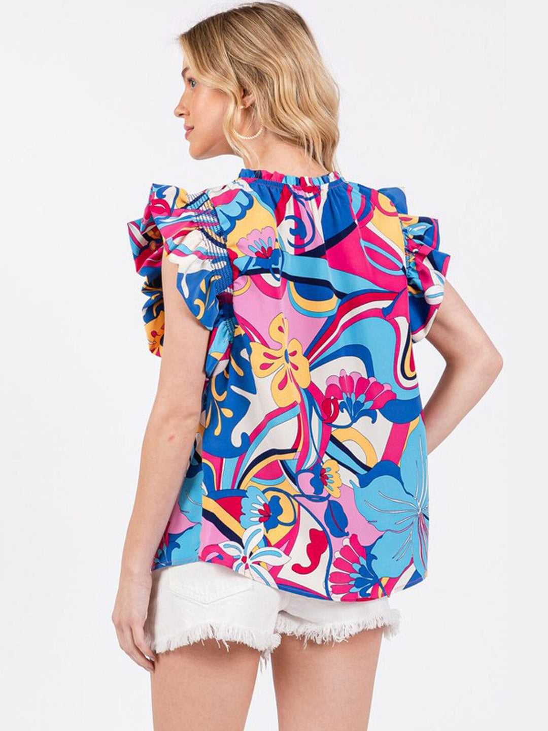 WOMEN'S SHORT RUFFLE SLEEVE FLORAL TUNIC BLOUSE TOP