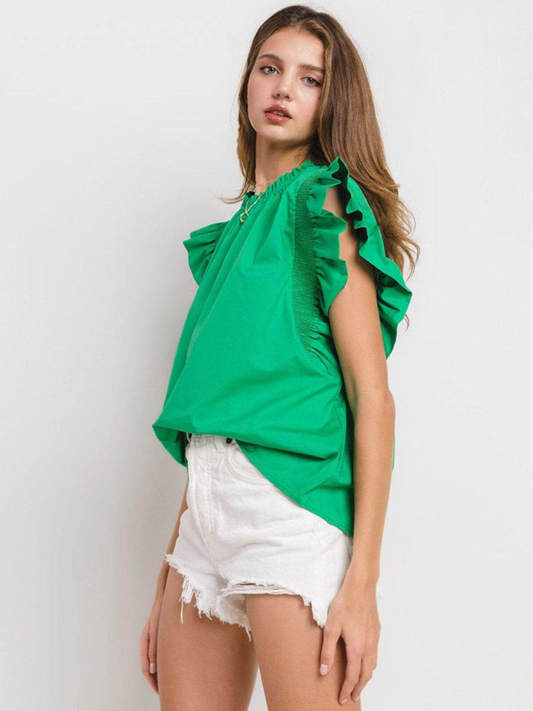 WOMEN'S SHORT RUFFLE SLEEVE TUNIC BLOUSE TOP