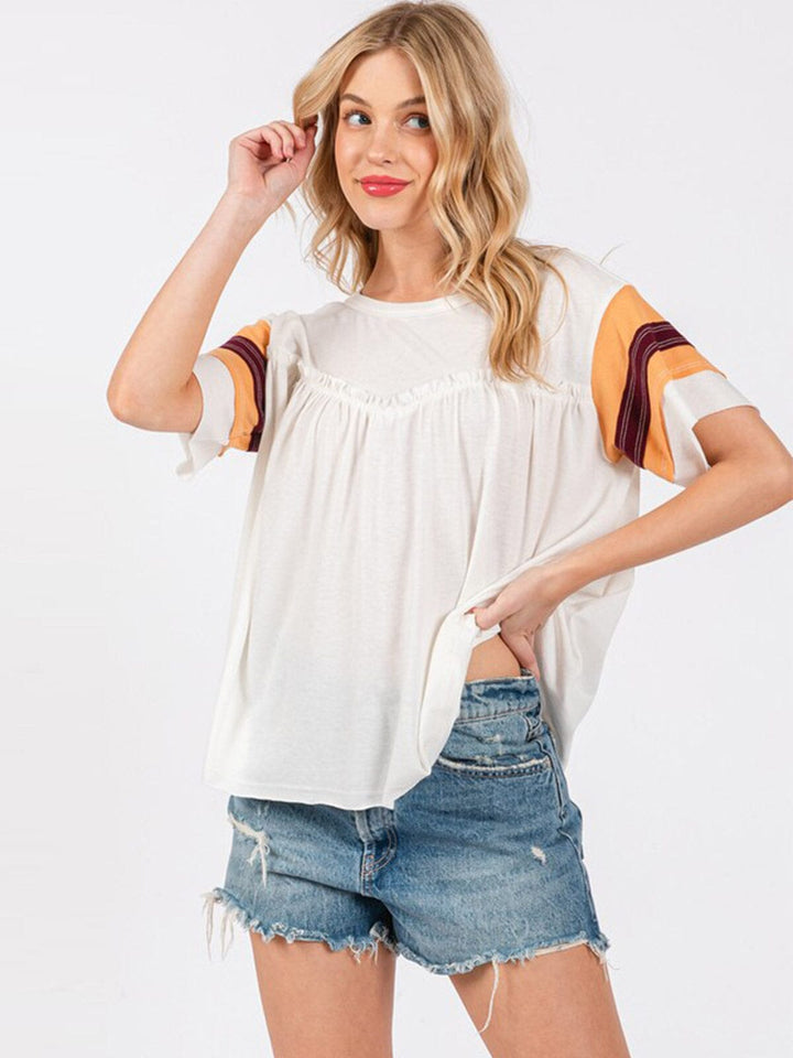 WOMEN'S SHORT SLEEVE COLORBLOCK STRIPES TUNIC BASIC TOP