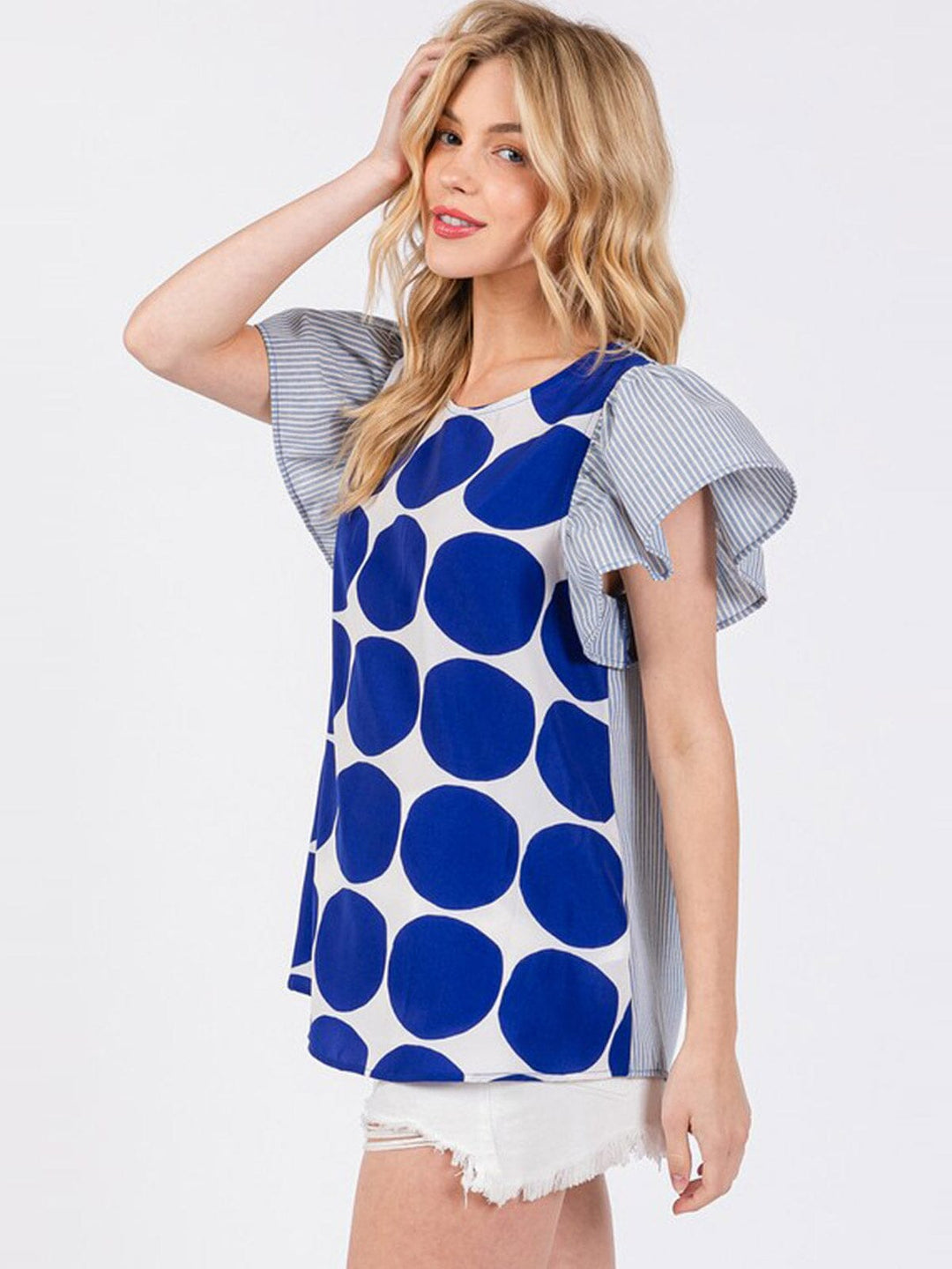 WOMEN'S SHORT RUFFLE SLEEVE CONTRAST PRINT BLOUSE