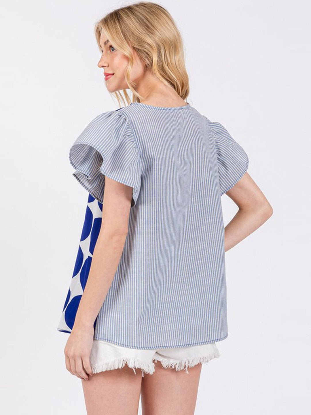 WOMEN'S SHORT RUFFLE SLEEVE CONTRAST PRINT BLOUSE