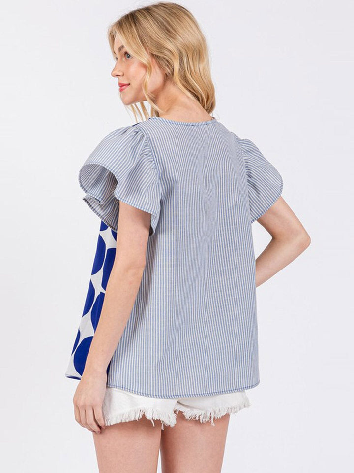 WOMEN'S SHORT RUFFLE SLEEVE CONTRAST PRINT BLOUSE