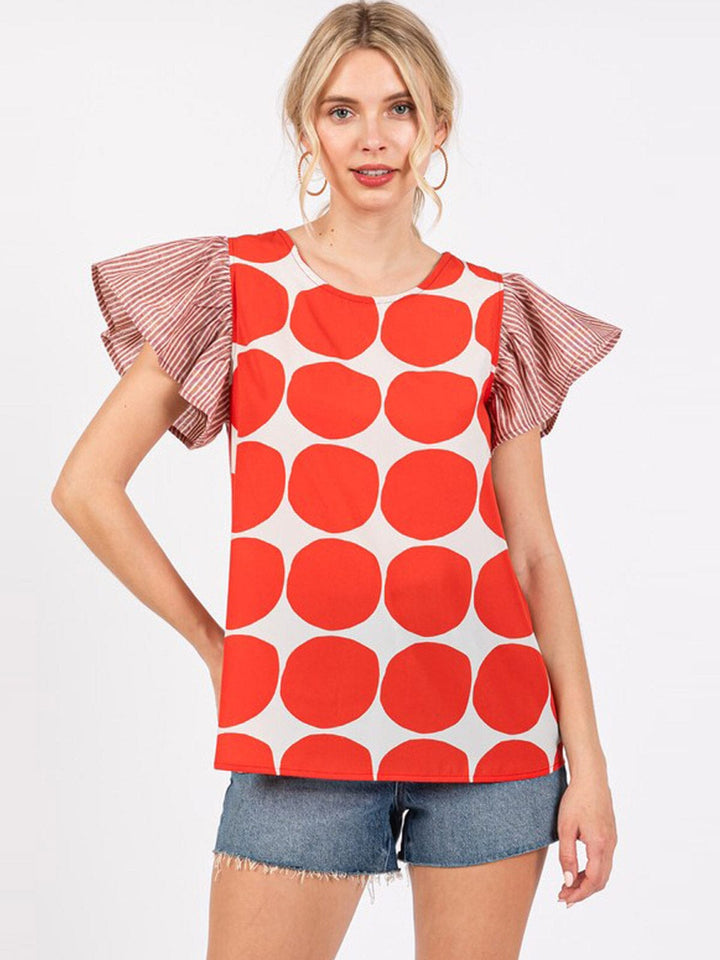 WOMEN'S SHORT RUFFLE SLEEVE CONTRAST PRINT BLOUSE