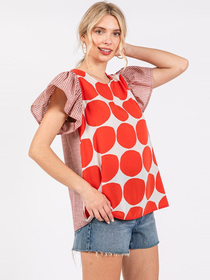 WOMEN'S SHORT RUFFLE SLEEVE CONTRAST PRINT BLOUSE