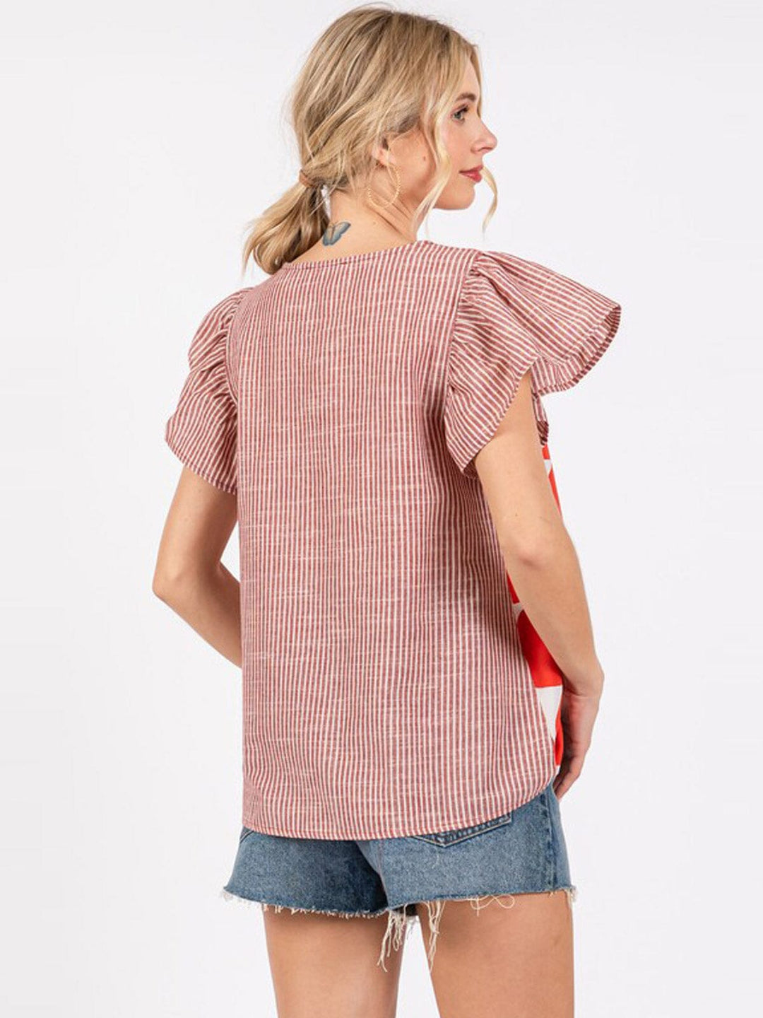 WOMEN'S SHORT RUFFLE SLEEVE CONTRAST PRINT BLOUSE