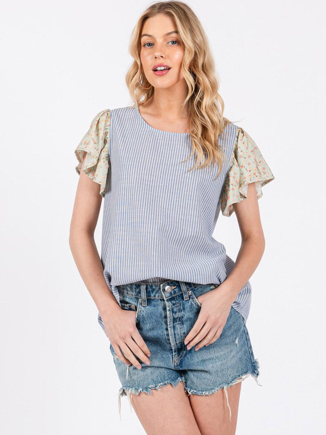 WOMEN'S SHORT RUFFLE SLEEVE STRIPES BLOUSE