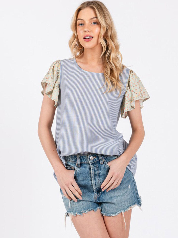 WOMEN'S SHORT RUFFLE SLEEVE STRIPES BLOUSE