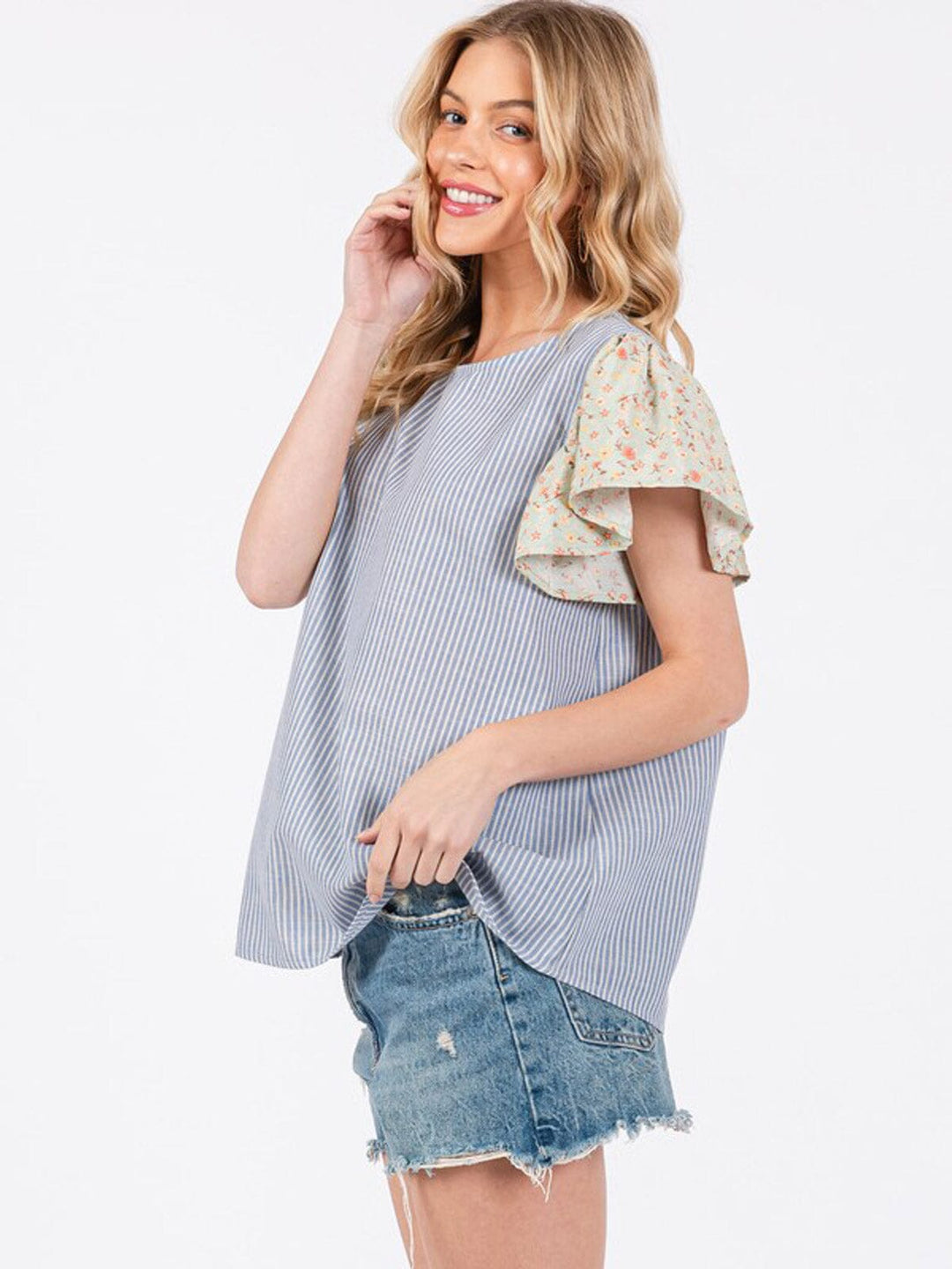 WOMEN'S SHORT RUFFLE SLEEVE STRIPES BLOUSE