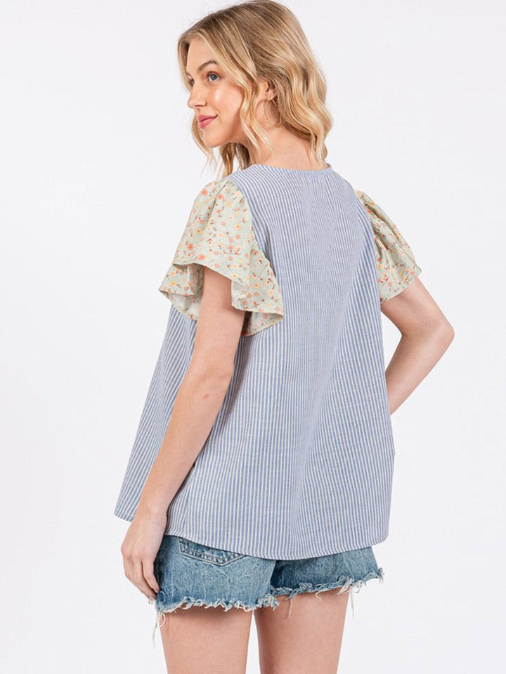 WOMEN'S SHORT RUFFLE SLEEVE STRIPES BLOUSE