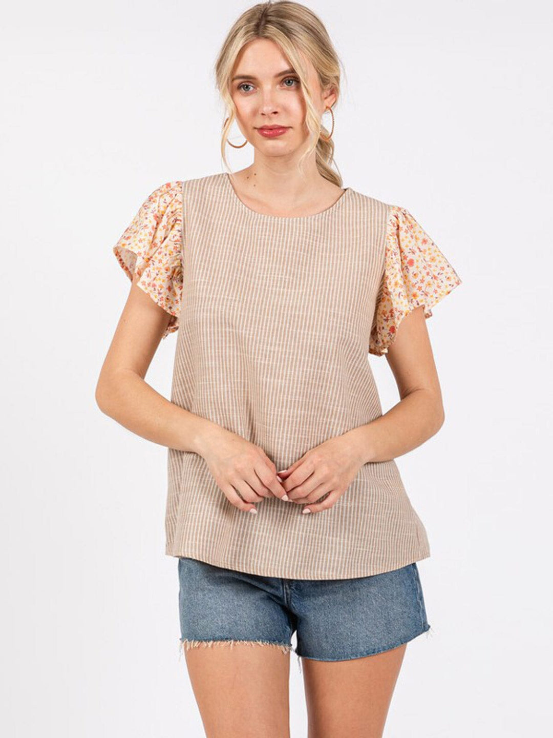 WOMEN'S SHORT RUFFLE SLEEVE STRIPES BLOUSE
