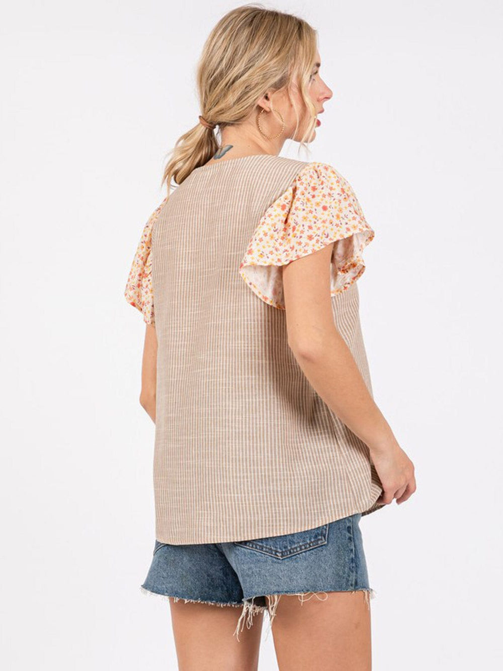 WOMEN'S SHORT RUFFLE SLEEVE STRIPES BLOUSE