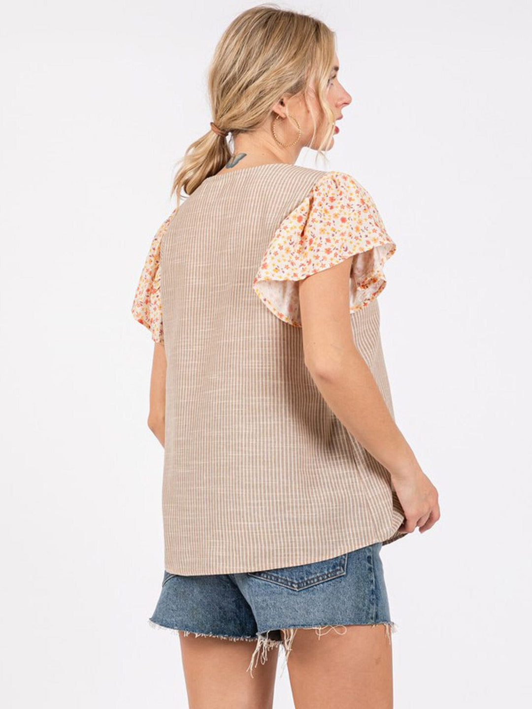 WOMEN'S SHORT RUFFLE SLEEVE STRIPES BLOUSE