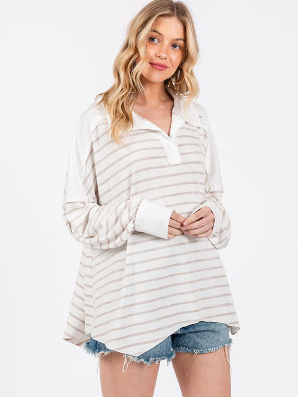 WOMEN'S LONG SLEEVE V-NECK STRIPES OVERSIZED TUNIC TOP